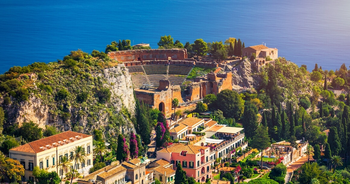 Ruins of Ancient Greek theater in Taormina, Sicily, Italy.