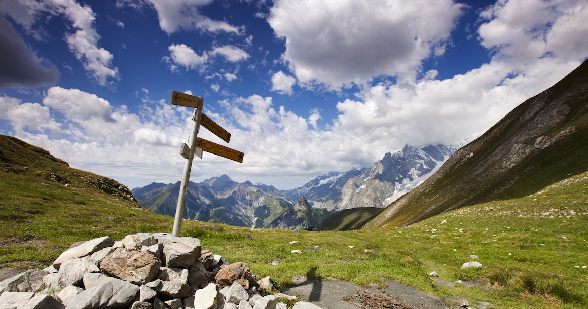 Road Sign in mountain landscape on the Tour du Mont Blanc