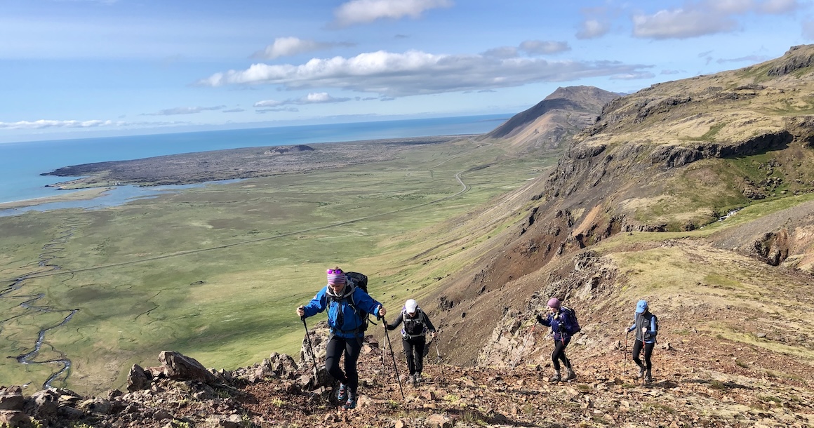 A group of four hikers making their way up the trail in the Westfjords.