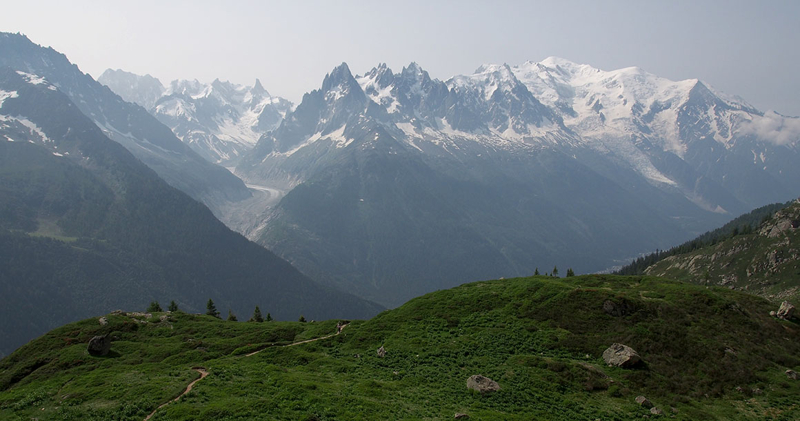 Views of Mont Blanc. The best hike on the Tour du Mont Blanc, the Grand Balcon Sud from Argentiere to Chamonix, France.