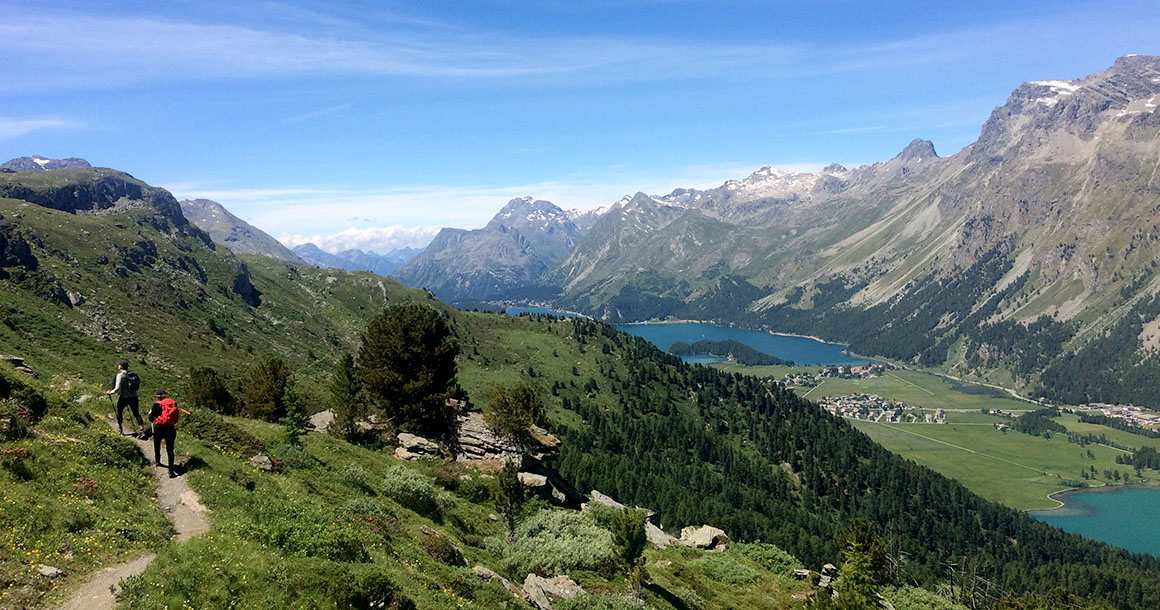 Hikers above Sils Maria, Switzerland