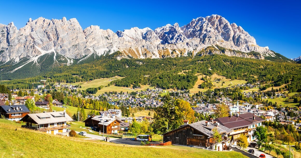 The view of Cortina, Italy from an Italian Dolomites Hiking Trip.