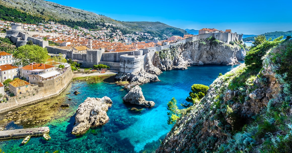 Aerial panoramic view of Dubrovnik on a perfect day for swimming.