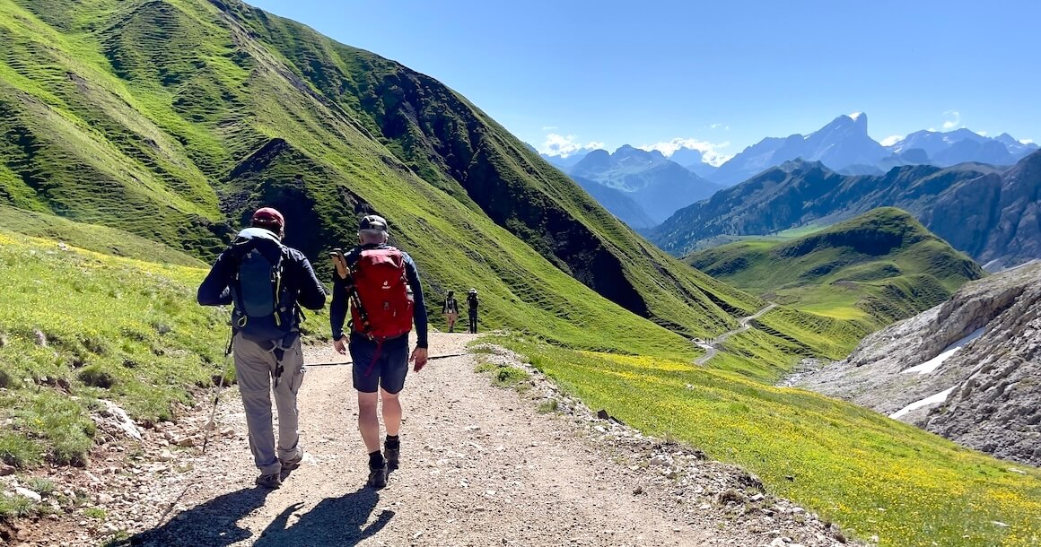 Two men hiking in the Italian Dolomites.