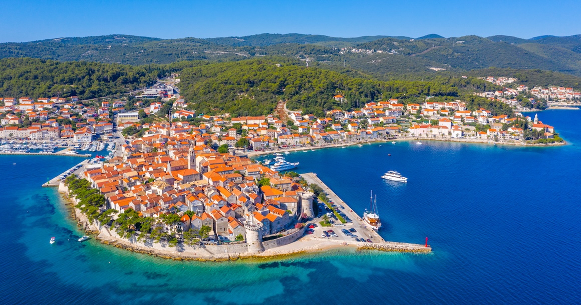 Aerial view of Korcula with deep blue water.