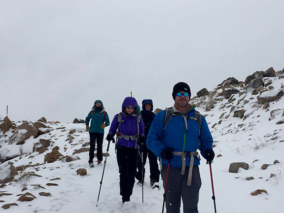 Hiking in the snow in Patagonia wiht Ryder-Walker Alpine Adventures.