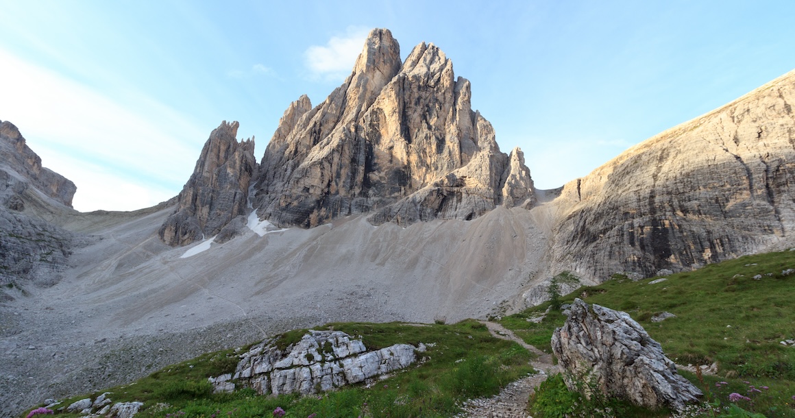 A view of the Sexton Dolomites mountain at sunset