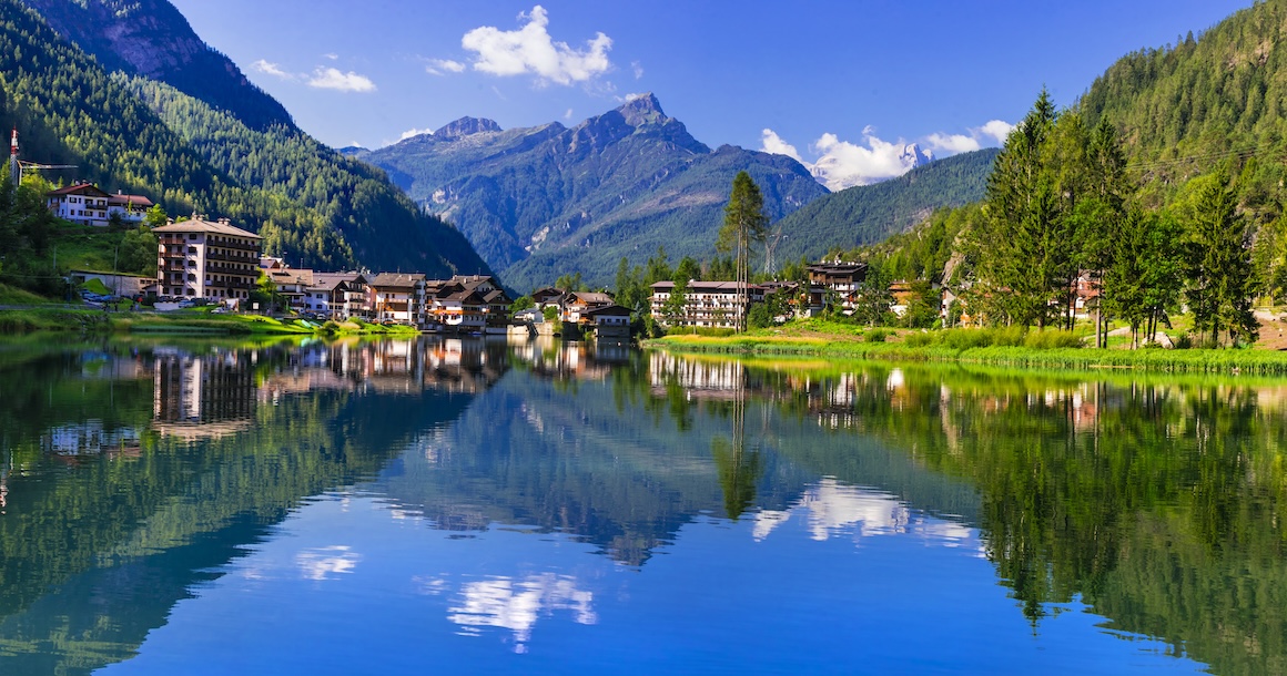 Amazing alpine scenery of a lake and a town.