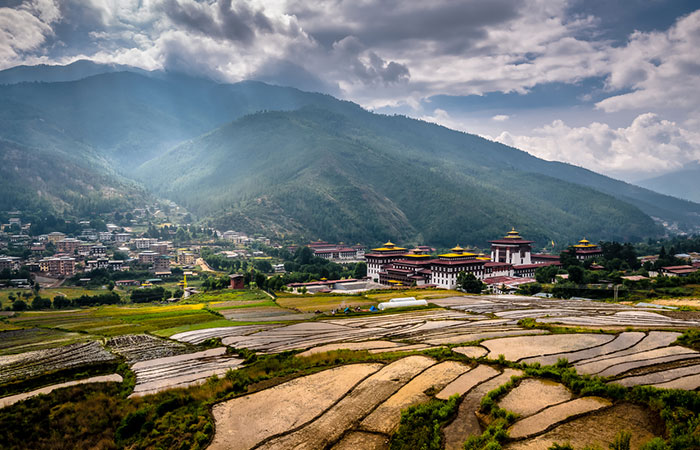 Village in a valley surrounded by mountains