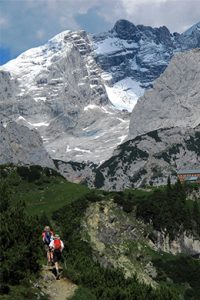 Hikers hiking in the Salzkammergut region of Austria