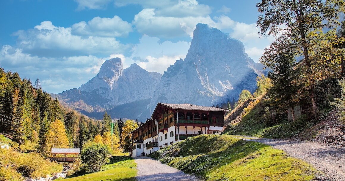 A beautiful Austrian building high in the mountains.