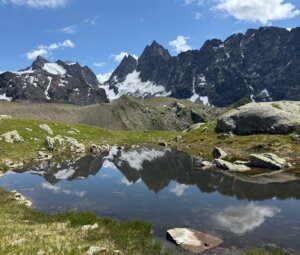 reflective lake with dramatic mountains