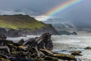 Rainbow over Clogher Bay on Dingle Way Trek in Ireland