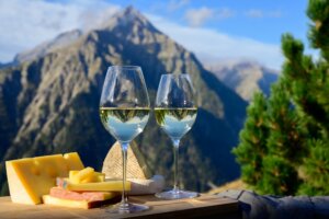 French Wine and cheese with a mountain view