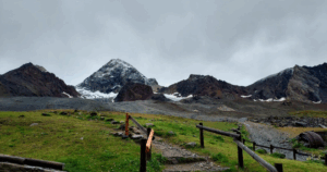 Trail leading up to high mountain peaks