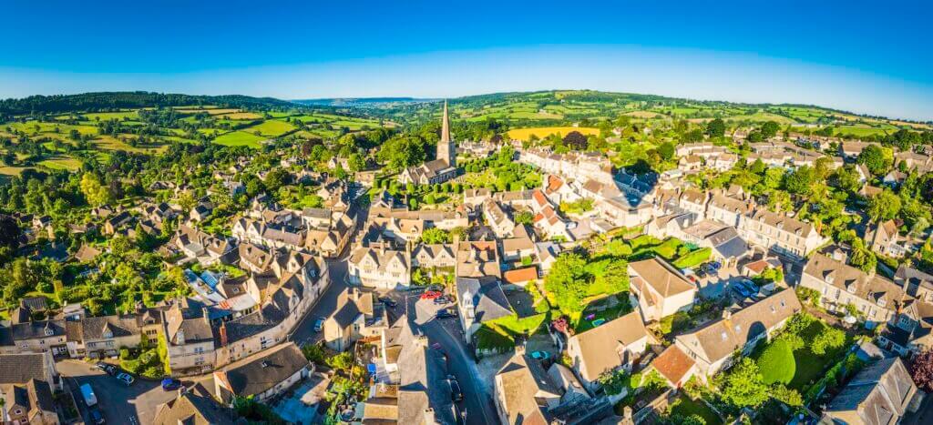 Aerial view over the iconic Cotswold village of Painswick
