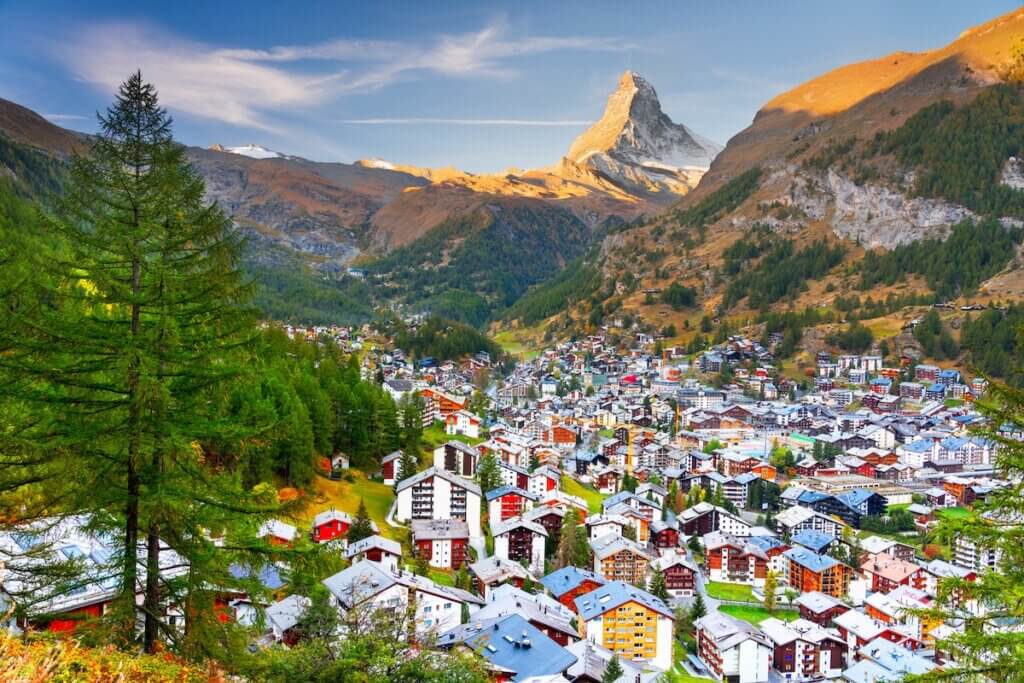 Zermatt, Switzerland with town under the Matterhorn in the morning.